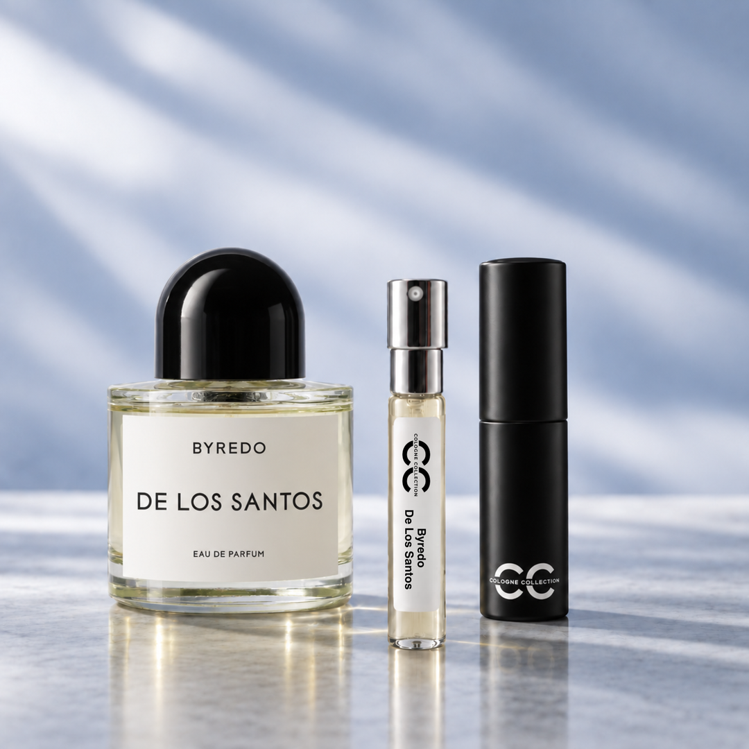Byredo De Los Santos perfume bottle with 10ml fragrance sample and Cologne Collection travel atomiserLouis Vuitton City of Stars perfume bottle with 10ml fragrance sample and Cologne Collection travel atomiser