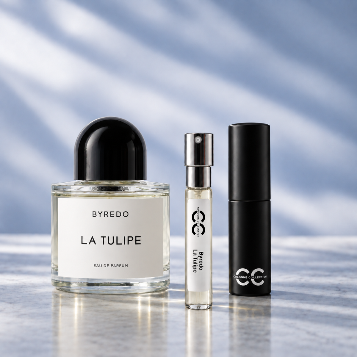 Byredo La Tulipe perfume bottle with 10ml fragrance sample and Cologne Collection travel atomiser