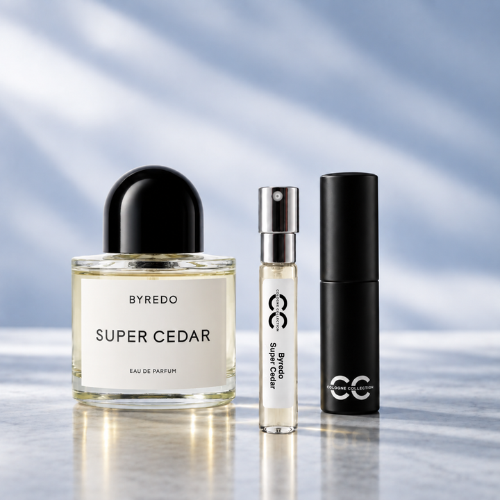Byredo Super Cedar perfume bottle with 10ml fragrance sample and Cologne Collection travel atomiser