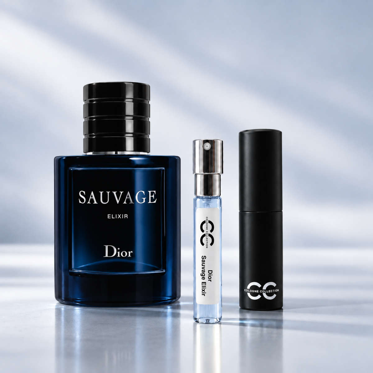 Dior Sauvage Elixir perfume bottle with 10ml fragrance sample and Cologne Collection travel atomiser