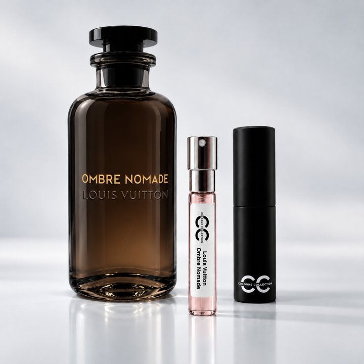 Louis Vuitton Ombre Nomade perfume bottle with 10ml fragrance sample and Cologne Collection travel atomiser