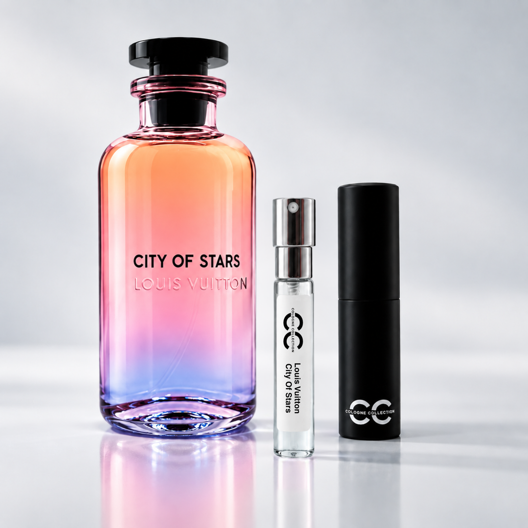 Louis Vuitton City of Stars perfume bottle with 10ml fragrance sample and Cologne Collection travel atomiser