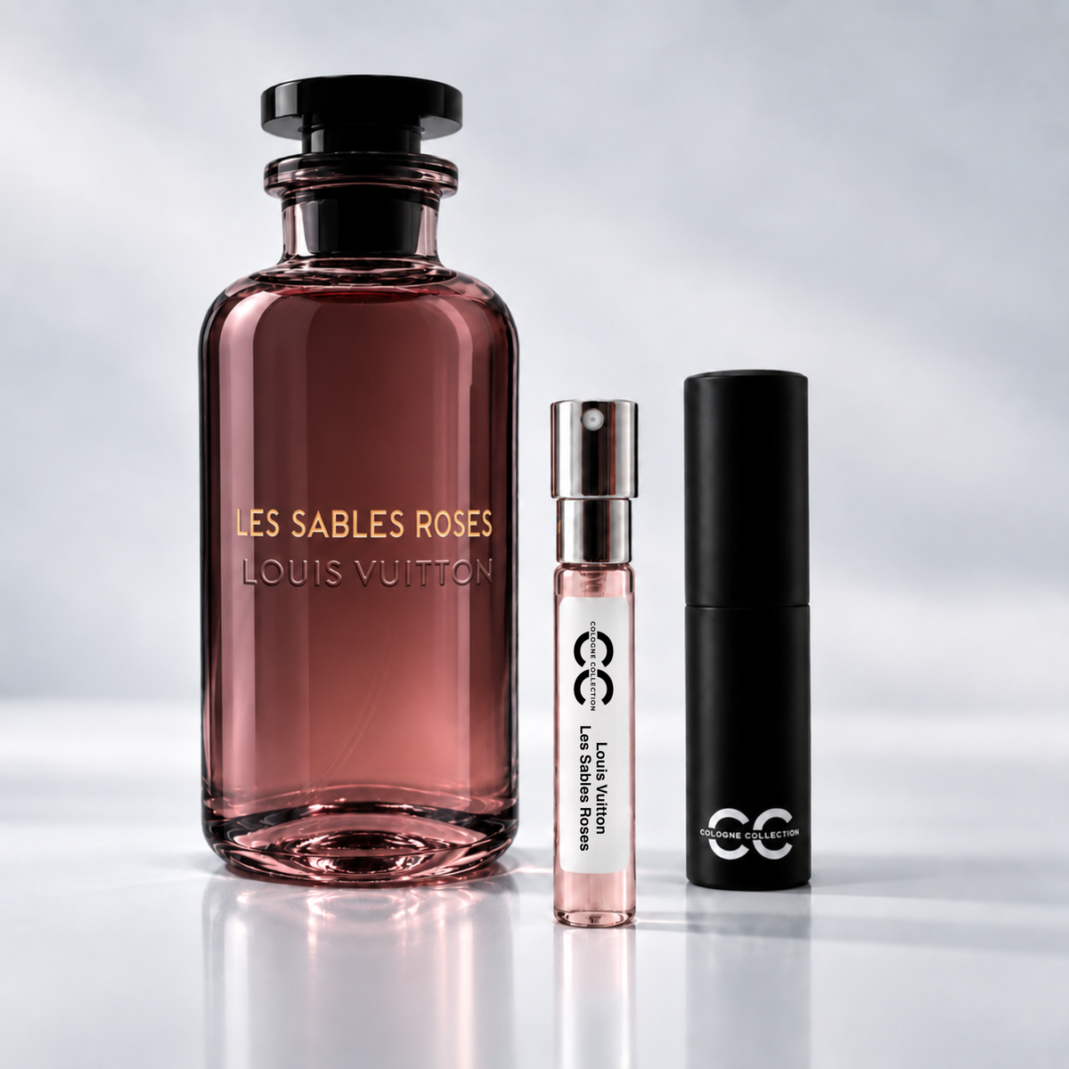 Louis Vuitton Les Sables Roses perfume bottle with 10ml fragrance sample and Cologne Collection travel atomiser