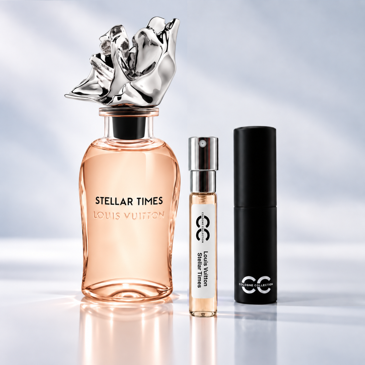 Louis Vuitton Stellar Times perfume bottle with 10ml fragrance sample and Cologne Collection travel atomiser
