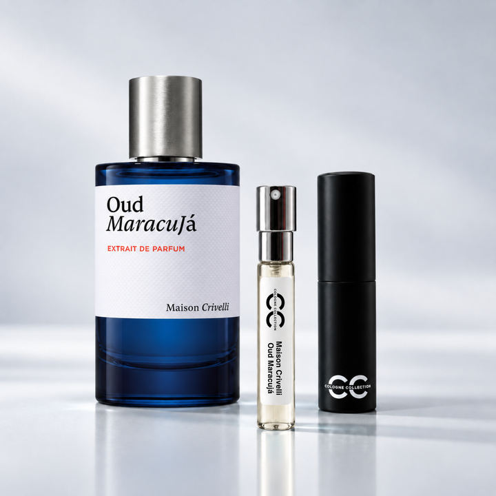 Maison Crivelli Oud Maracujá perfume bottle with 10ml fragrance sample and Cologne Collection travel atomiser