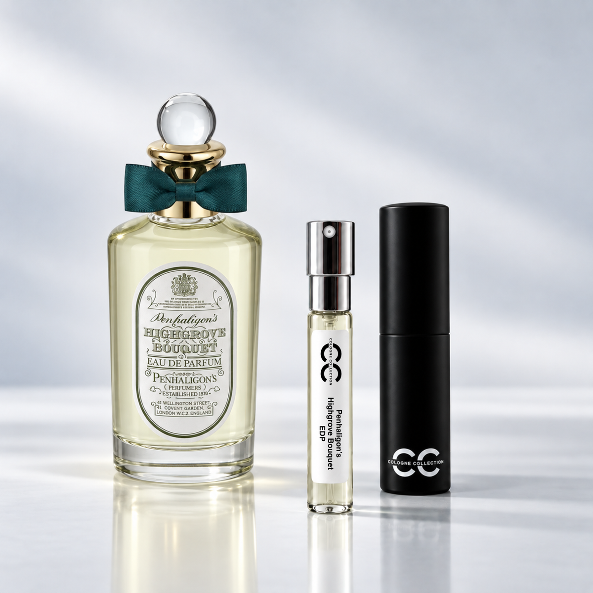 Penhaligon's Highgrove Bouquet EDP perfume bottle with 10ml fragrance sample and Cologne Collection travel atomiser