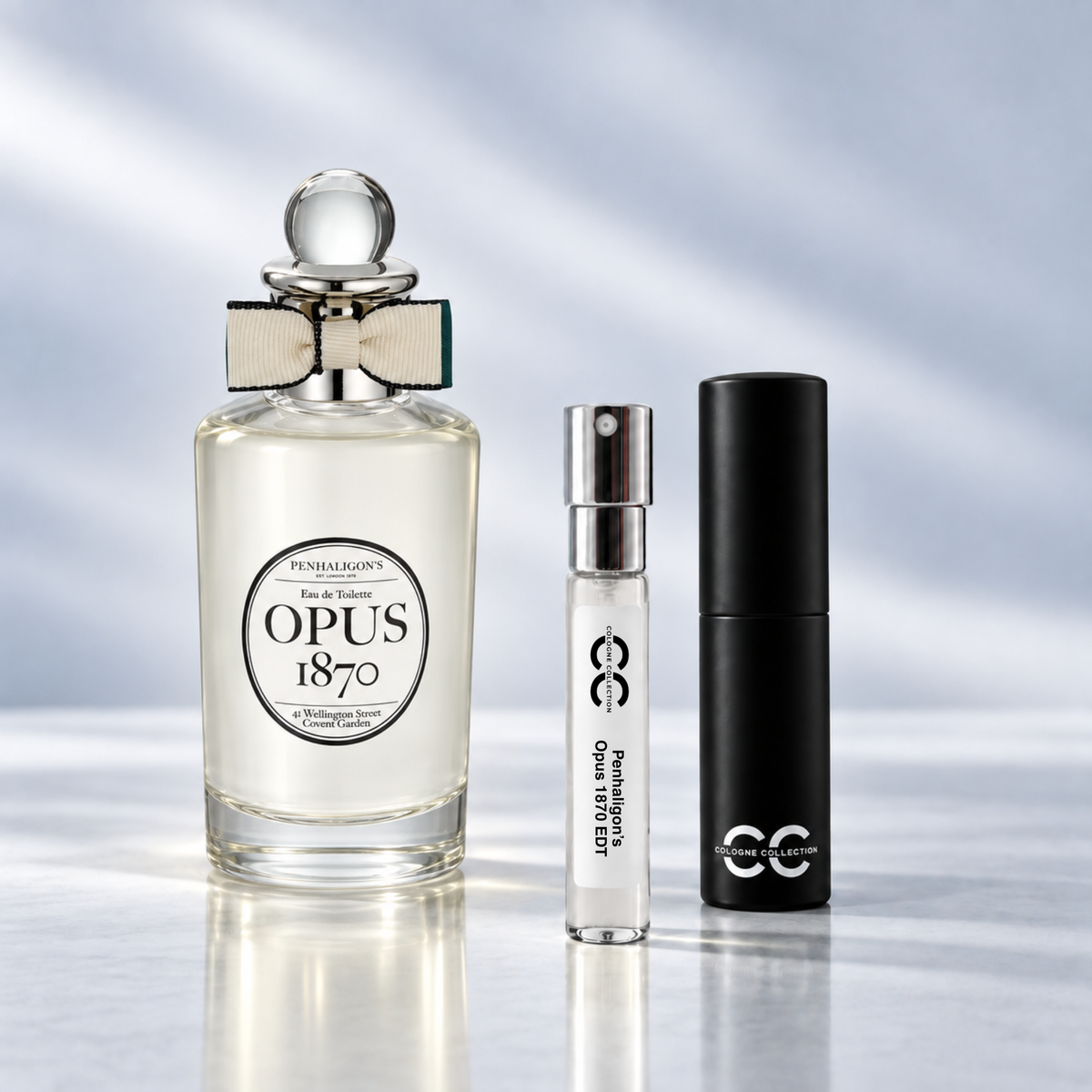 Penhaligon's Opus 1870 EDT perfume bottle with 10ml fragrance sample and Cologne Collection travel atomiser