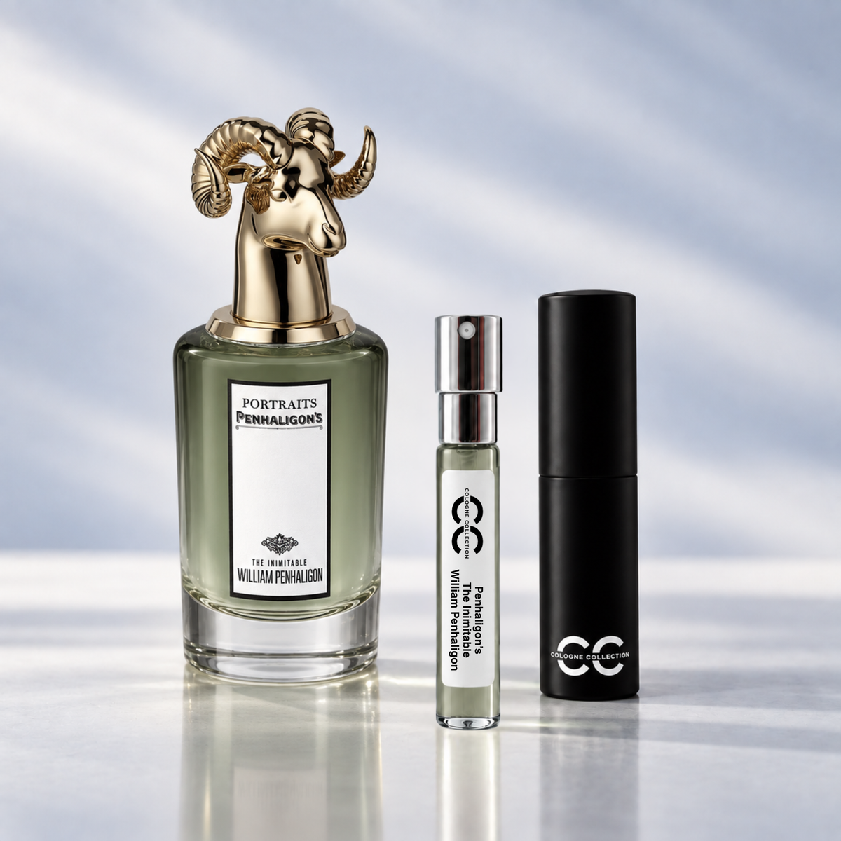 Penhaligon's The Inimitable William Penhaligon perfume bottle with 10ml fragrance sample and Cologne Collection travel atomiser
