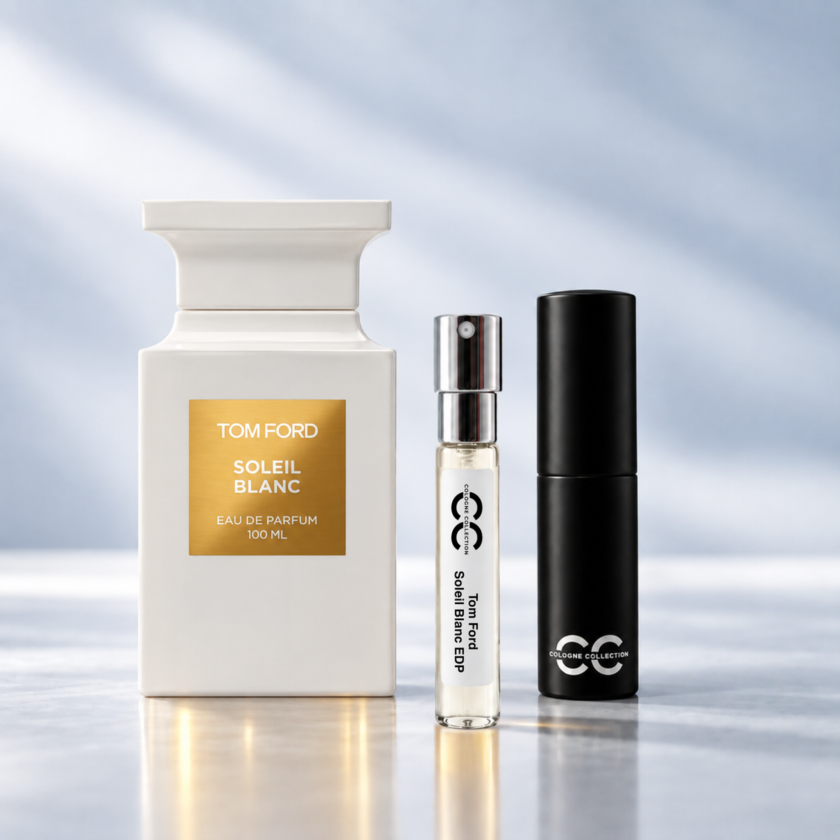 Tom Ford Soleil Blanc perfume bottle with 10ml fragrance sample and Cologne Collection travel atomiser